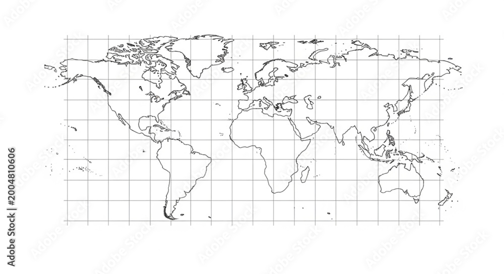 World Map Outline with Latitude and Longitude Lines. Stock Vector