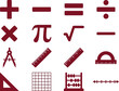 © SAIF820 - Set of maroon mathematics icons including arithmetic signs, geometry tools, rulers, abacus, and measuring instruments for school and educational design