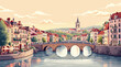 © Joko - European canal town with stone bridge for tourism ads. Romantic riverside city illustration for travel branding. Historic bridge panorama with pastel houses and church