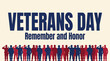 © rama coloring studio - Veterans Day commemorative illustration featuring rows of saluting soldier silhouettes in red and blue with honorary text on a cream background.