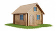 © Badrul - Small wooden log cabin house standing on a patch of green grass isolated on a white background