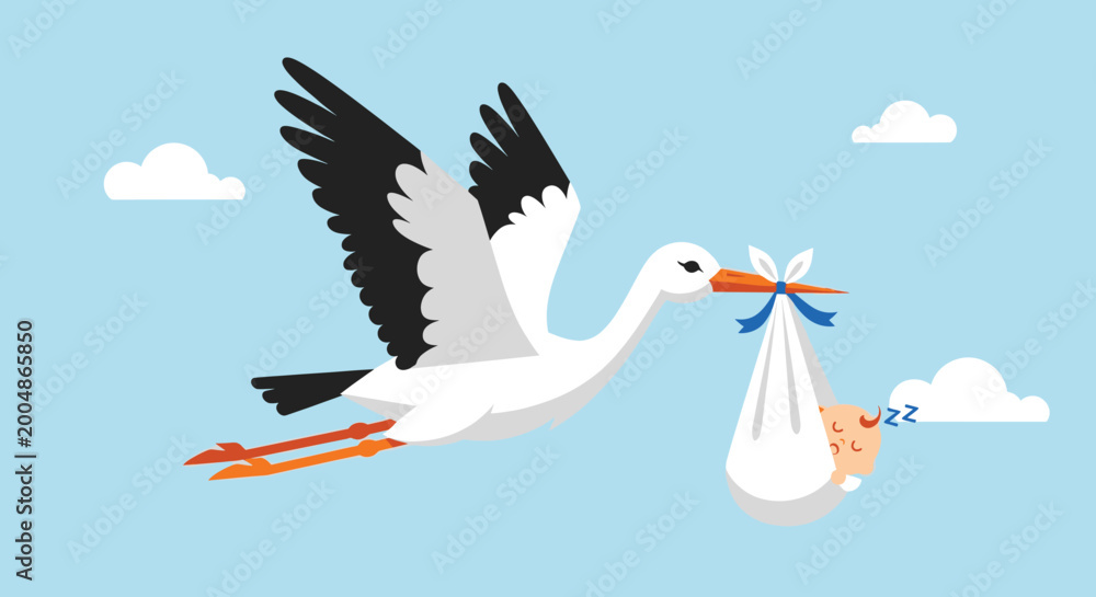 Stork flying with sleeping baby bundle, perfect for birth announcements ...