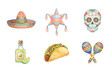 © Dwi - Watercolor Cinco de Mayo Festival Elements Set with Sombrero Piñata Sugar Skull Tequila Taco and Maracas