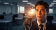 © Miraz Creative Art - A man in a professional business suit and tie holds a glowing golden sparkler in front of his face in a blurred dark office setting.