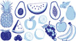 © Kawsar - Set of blue and light blue tropical and common fruits. fresh and healthy food drawing collection with pineapple, watermelon, avocado, and berries.