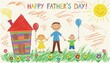 © Stunning stock - Happy Father's Day greeting card, child's crayon drawing of a family with dad and kids, colorful hand-drawn illustration with house and sun