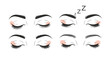 © Shoubj - set of different closed female eyes with long dark eyelashes and pink makeup highlights showing sleep and relaxation for beauty and skincare.