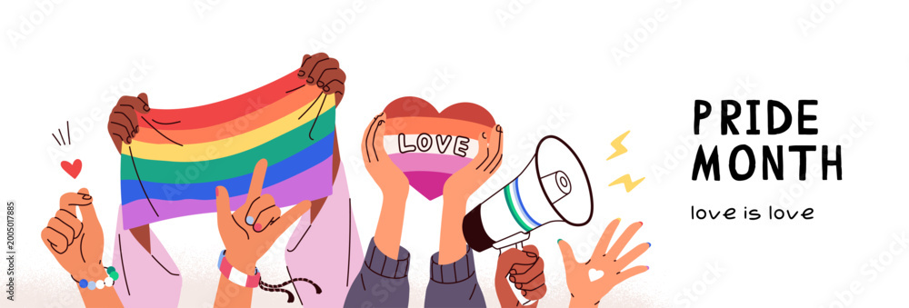 LGBT Pride Month banner design with hands holding rainbow flag ...