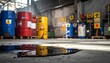 © Upnesh - Industrial scene showing oil spills on a concrete floor with barrels in the background.
