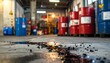 © Upnesh - Industrial scene showing oil spills on a concrete floor with barrels in the background.