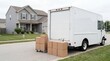 © 123sasha - Moving truck parked on a residential street while unloading boxes during the day