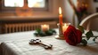 © Jhon - peter. Saint Peter key with candle and rose on linen table. symbolizing life milestones and joyful moments, event programs, designed for cultural heritage projects and event programs.