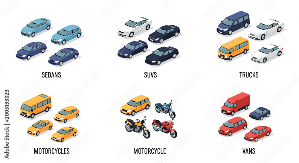 Vetor Isometric illustration set showcasing various types of vehicles ...