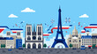 © KimitaJD - A modern flat design vector illustration of the iconic Paris skyline, subtly infused with red, white, and blue elements to signify a national celebration.