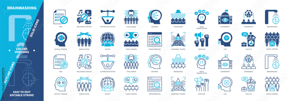 Brainwashing icon set. Deepfake, Social Control, Governance, Propaganda ...