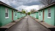 © buraratn - Row of Mint Green Cottages with A Cloudy Sky in the Background, Symmetrical Design, Outdoor Pathway, Inviting Atmosphere and Unique Color Palette
