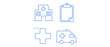 © Md Mujibur - Healthcare and medical vector icon set collection of 4 minimalist line icons featuring a hospital building, medical clipboard, first aid cross, and emergency ambulance for health services.