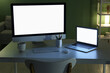 © Pixel-Shot - Modern programmer's workplace with computer monitor, laptop and cup of tea in office at night, closeup