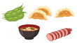 © pika - An assortment of various food items including edamame, gyoza dumplings, miso soup, and sliced sausage on a white background.