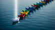© Tamimt9b - Single white origami boat leads colorful fleet on vast blue water under bright sunlight beam
