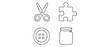 © Saim - Professional occupational therapy vector icon set collection of 4 minimalist line icons featuring scissors, jigsaw puzzle piece, sewing button, and glass jar for medical rehab and health care.