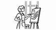 © curuth - Artist in apron paints on easel with brush, window in background