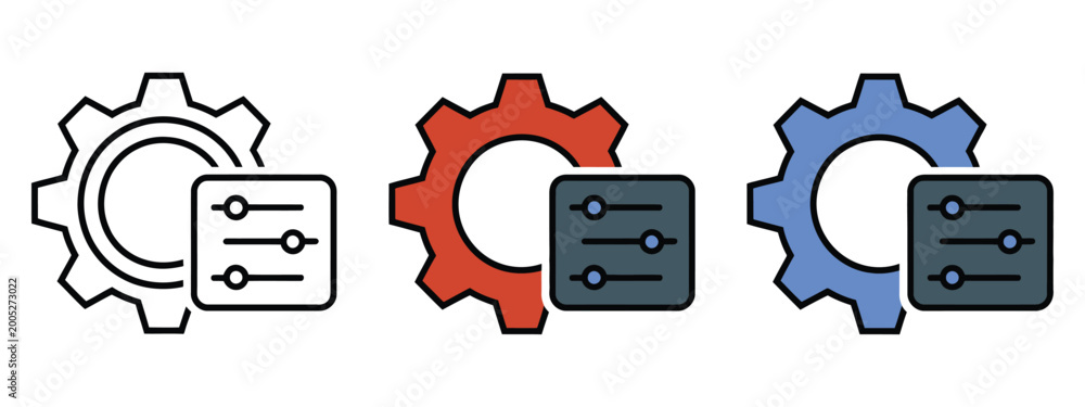 System, settings icon set with gear and slider panel controls, vector ...