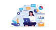 © Luther - Professional woman working on her laptop while surrounded by floating data charts, graphs, and business communication icons.