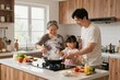 © Rixar - Chinese three generation family cooking healthy food in kitchen