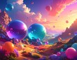 © Poker - Vibrant colorful fantasy landscape with floating spheres