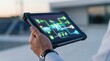 © Infinite Views - Hand holding rugged tablet displaying green renewable energy power grid system diagram with solar panels and wind turbines outdoors.