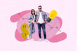 © deagreez - Trendy art creative full zine photo collage of happy businessman businesswoman stand dollar bag income light bulb idea development