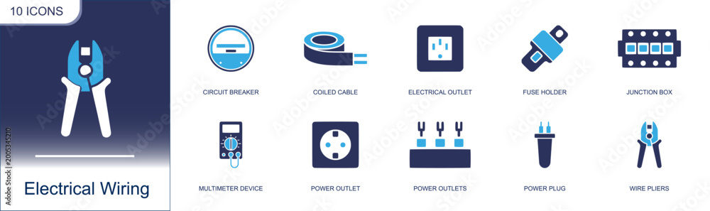 Electrical wiring icon set. Containing circuit breaker, coiled cable ...