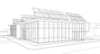 © MystoganCreative - Architectural sketch of a modern building featuring large glass windows and rooftop solar panels, emphasizing sustainable design and energy efficiency.