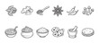 © no one - A collection of black and white hand-drawn illustrations featuring popular Indian spices like cardamom, ginger, star anise, chilies, and cloves, alongside dishes such as curry, rice, papadums.