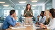 © StockSphere - Team meeting in boardroom. Business woman executive ceo leader discussing project management planning strategy working with diverse colleagues company team at office corporate board group meeting.