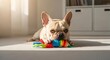 © war - Cute fawn French Bulldog lying on a carpet and chewing on a colorful rope toy in a sunlit room.
