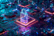 © Miss Lora - Futuristic Cyber Security Padlock Icon on Microchip, glowing glass lock with neon data streams over circuit board, data protection encryption technology 3D render background