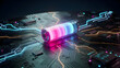 © Pixeling Crafter - Glowing battery on circuit board, energy storage concept, electric power technology and futuristic charging system in digital hardware background