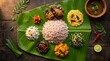 © Ravindu - Sri Lankan meal with rice curries and sides served on banana leaf traditional vegetarian feast overhead view