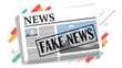 © Nur - Fake news in media concept features folded newspaper with bold black stamp across front page image and colorful background lines.