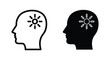 © Design Orbit - Human head silhouettes with sun icons inside representing positive thinking, mental health wellness, optimism, and bright creative ideas for psychological and wellness concepts.