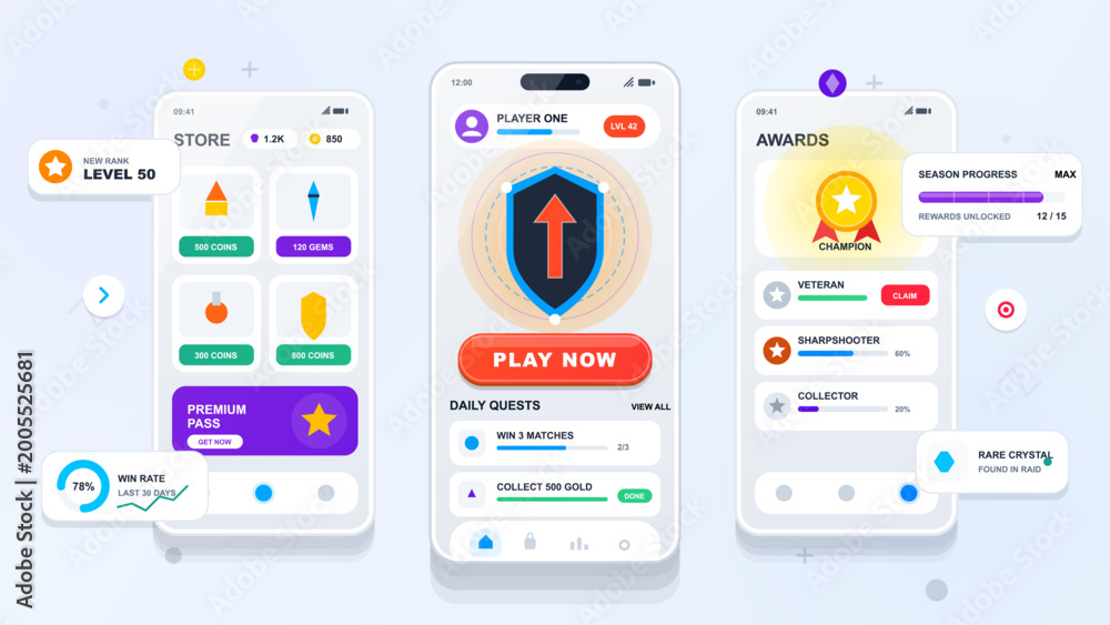 Colorful mobile game app UI kit with store screen, player profile ...