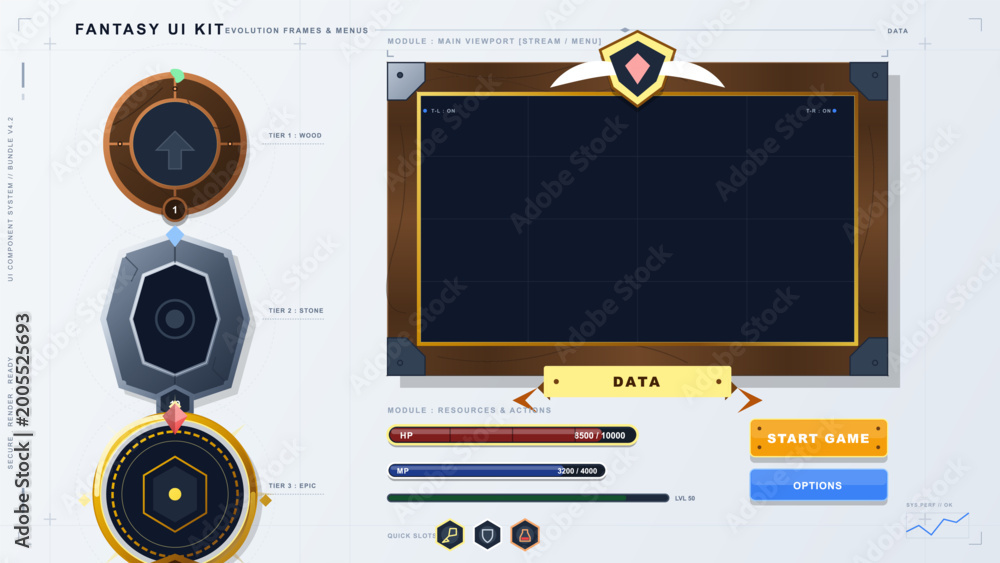 Fantasy game UI kit with wooden viewport panel, tiered circular emblems ...