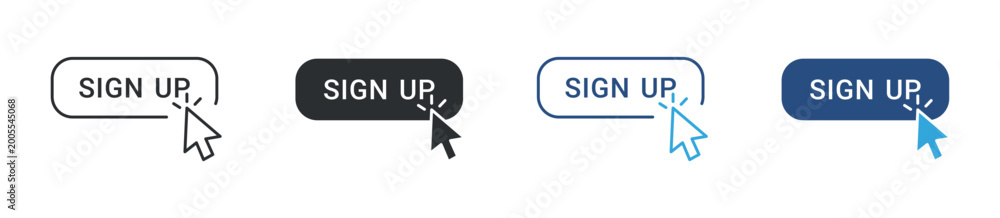 Sign up button icon set. registration click with cursor pointer. user ...