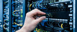 © IJ-studio - It technician's hand plugging an rj45 ethernet cable into a server rack switch, ensuring network connectivity and data flow in a modern data center environment