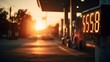 © JoaoNalio - Gas station price board glows at sunset with warm orange light illuminating the scene