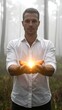 © Husniah - Man holds glowing light in foggy forest hands