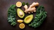 © Donald - top view of fresh healthy superfoods including halved avocado kale leaves whole lemon and ginger root on rustic stone background