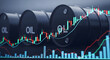 © Lucas - Economic chart with multiple oil barrels in background scene .market analysis petroleum prices trends and global energy finance visualization concept.
